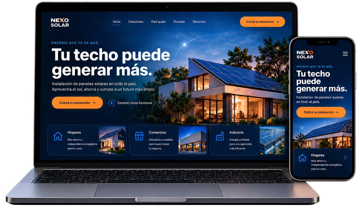 Concepto de sitio para Nexo Solar en una notebook y un celular: título «Tu techo puede generar más», botón para cotizar la instalación y accesos para hogares, comercios e industria.